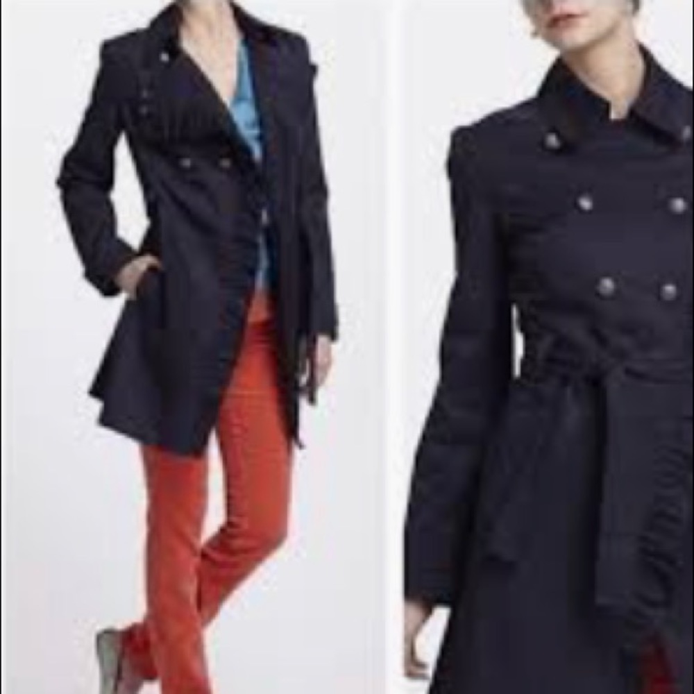 Anthropologie Elevenses blue ruffle trench coat.